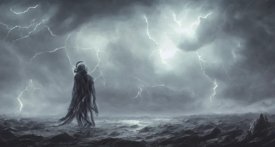 Image similar to lovecraftian eldritch!! giant alien!! wrapped in clouds on a black desert, snowy, windy, by eugene von guerard, ivan shishkin, night, lightning!!, storm!, dramatic lighting, concept art, trending on artstation, 8 k