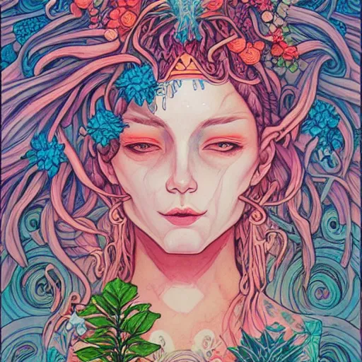 Image similar to goddess of plant medicine art by james jean and art by loish highly detailed painting trending on arstation vivid colors earth spirit
