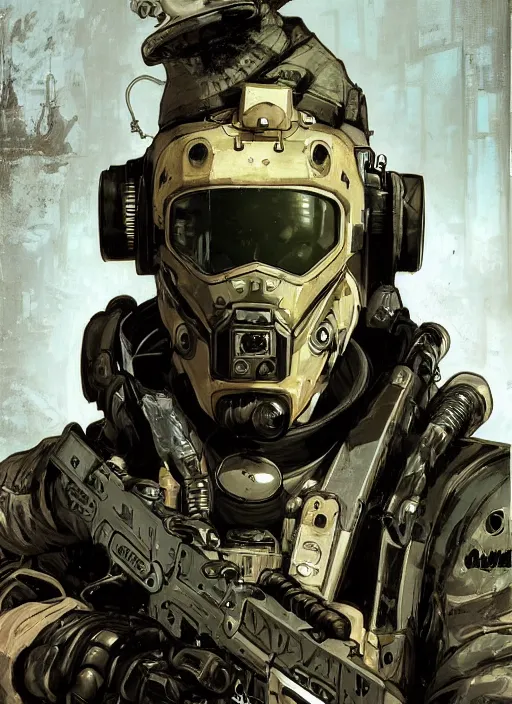 Image similar to cyberpunk blackops soldier. bomb suit. juggernaut. night vision. portrait by ashley wood and alphonse mucha and laurie greasley and josan gonzalez and james gurney. spliner cell, apex legends, rb 6 s, hl 2, d & d, cyberpunk 2 0 7 7. realistic face. dystopian setting.