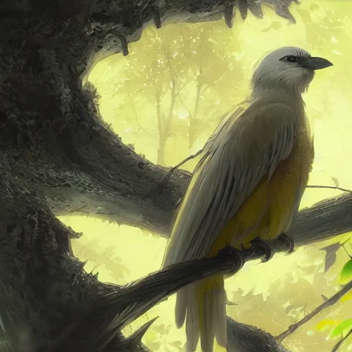 Prompt: a yellow crow on a tree, white leaves, glowing eyes, detailed, by greg rutkowski