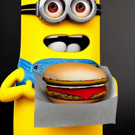Prompt: A minion eating an hamburger, highly detailed