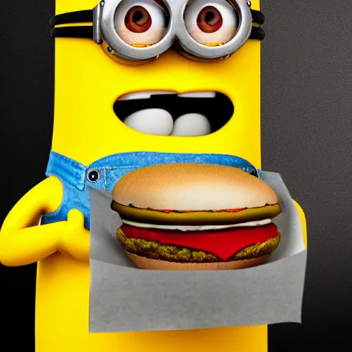 Image similar to A minion eating an hamburger, highly detailed