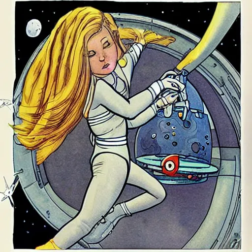 Image similar to astronaut girl fixing the spaceship by milo manara