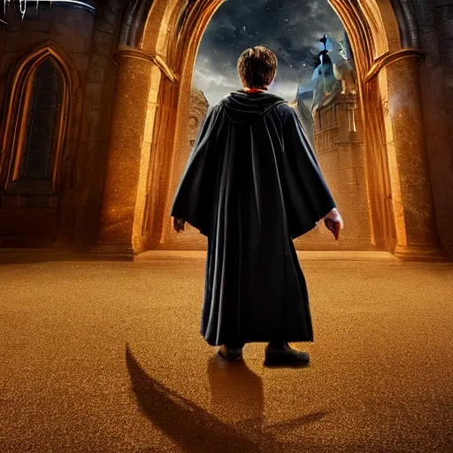 Prompt: Harry potter standing and holding a short wand, magic aura, side view, thunderclouds, cinematic shot, wide shot, epic scale, waving robe movement, photorealistic detail and quality, intricate cobblestone, floating rocks, particle effects, movie still, nighttime, crescent moon, sharp and clear, action shot, intense scene, visually coherent, symmetry, rule of thirds, movement, photorealistic colors, cool colors transitioning to warm colors, modest tone, award winning, directed by Steven Spielberg, Christopher Nolan, Tooth Wu, Asher Duran, artstation