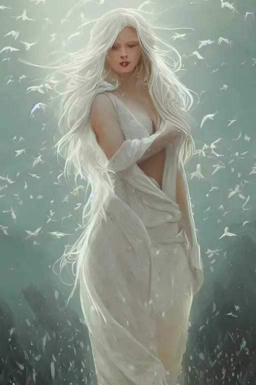 Prompt: A beautiful woman with curvaceous body and long white hair, surrounded by white doves, wearing a long flowy fabric, cinematic lighting, soft bokeh, sci-fi, modern, colourful, highly detailed, digital painting, artstation, concept art, sharp focus, illustration, by WLOP