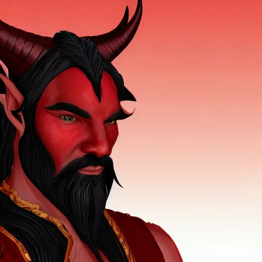 Image similar to dnd render of a male tiefling, red scales, a big black beard, completely golden eyes, 1 curved horn growing out of his forehead, one broken horn growing out of his forehead,