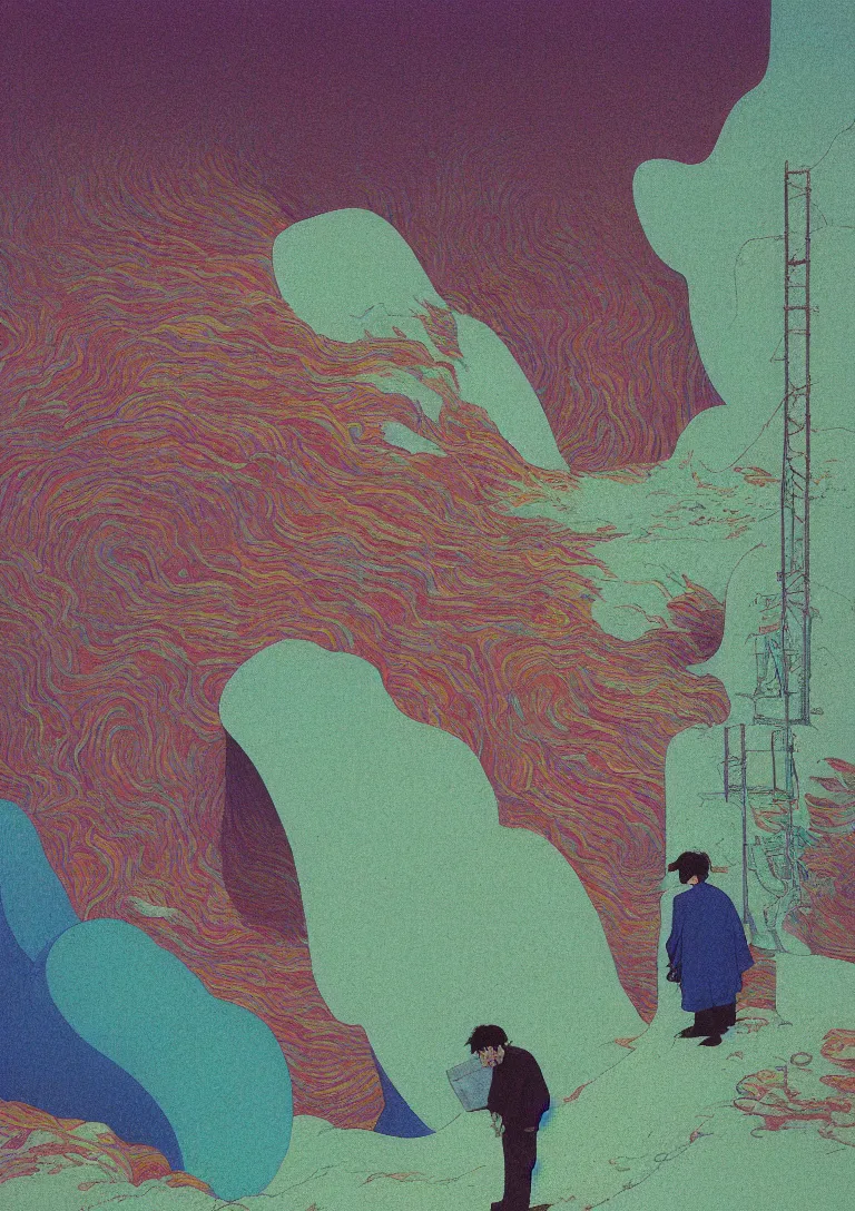 Image similar to a closeup portrait of a man eating a paper blotter tab of LSD acid and melting into a psychedelic landscape, tilt shift, risograph by kawase hasui, moebius, Edward Hopper and James Gilleard, Zdzislaw Beksinski, Steven Outram colorful flat surreal design, hd, 8k, artstation