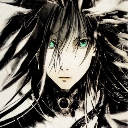 Prompt: yoji shinkawa blurred and dreamy illustration of an anime girl with black eyes, wavy white hair fluttering in the wind wearing elden ring armor and crown with engraving, abstract black and white patterns on the background, art by yoshitaka amano, noisy film grain effect, highly detailed, renaissance oil painting, weird portrait angle, blurred lost edges, three quarter view