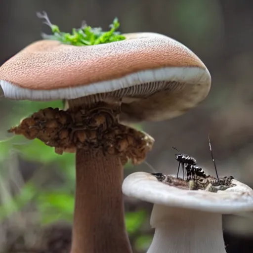 Image similar to real photo of a carnivore mushroom with some dead insects next to it