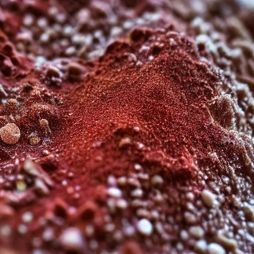 Prompt: macro photo of red sand crystals, closeup sand, silica illustration, salt crystals