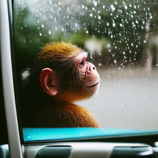 Prompt: a lonely monkey is driving a car, it's raining outside the window, Fujifilm Quicksnap 400