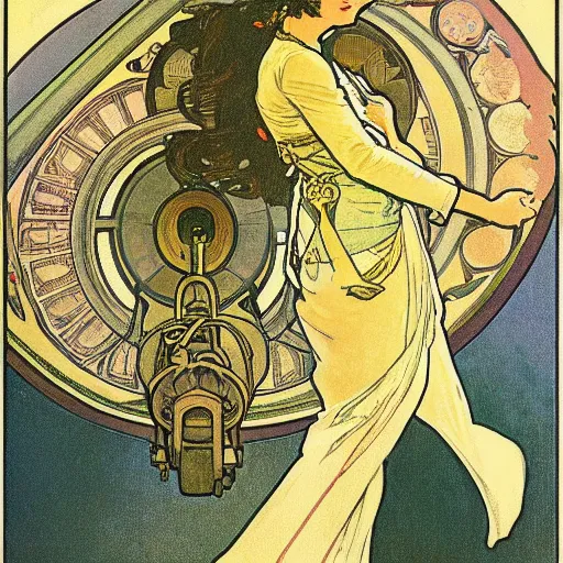 Image similar to airship pilot, painted by alphonse mucha