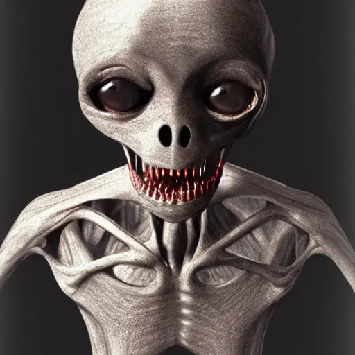 Image similar to humanoid with crooked teeth, sepia tint, two shallow black eyes, long open black mouth, alien looking, big forehead, horrifying, killer, creepy, long open black mouth, dead, looking straight into camera, realistic, slightly red, long neck, boney, monster, tall, very skinny, skullish, big forehead, in the style of alfred kubin