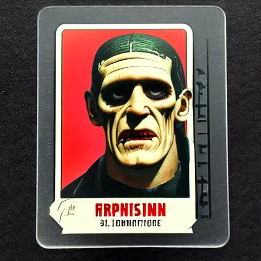 Image similar to Topps Collectable Card, Retro, Frankenstein, Holographic, 3D , Halloween Scene