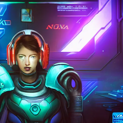 Image similar to high quality portrait of Nova from starcraft in a cyberpunk cyberpunk cyberpunk cafe, realism, 8k, award winning photo