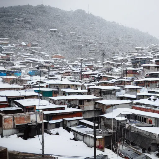 Prompt: photograph of a snow day in a favela