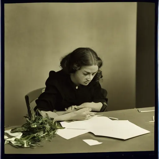 Prompt: young lady sits at the desk and cries, flowers, color photo by Imogen Cunningham and Weegee