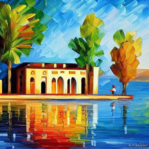 Image similar to a modern moroccan house on the lake, by leonid afremov