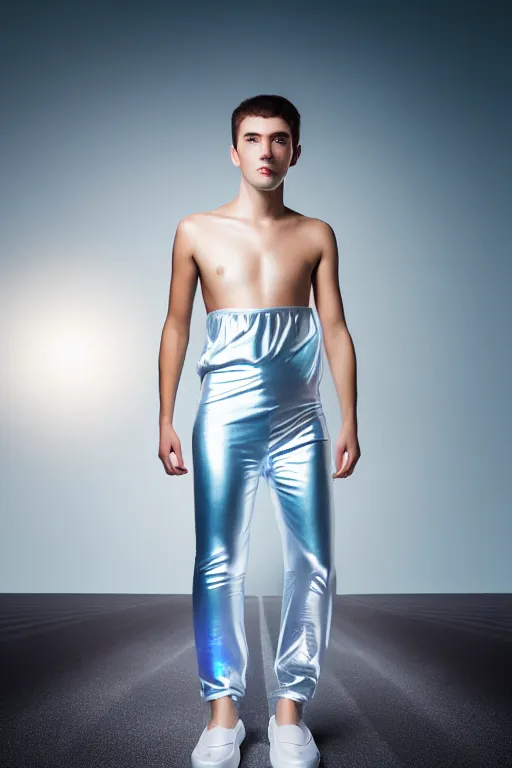 Image similar to un ultra high definition studio quality photographic art portrait of a young man standing on the rooftop of a british apartment building wearing soft baggy inflatable padded silver iridescent pearlescent clothing. three point light. extremely detailed. golden ratio, ray tracing, volumetric light, shallow depth of field. set dressed.