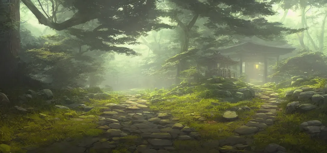 Image similar to concept art by sylvain sarrailh, inside a mystic forest a lonely abandonned japaneese temple surrounded by vegetation, a stone path, sunshafts