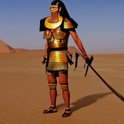 Image similar to egyptian samurai, standing in desert,