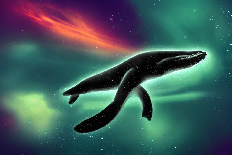 Image similar to a bioluminescent humpback whale swimming through the cosmos, digital art, photorealistic