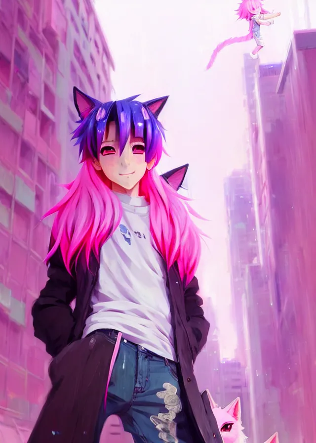 Prompt: portrait of a cute anime boy with pink hair and pink wolf ears and pink wolf tail wearing stylish clothes in a city | | highly detailed digital art painting by ruan jia, cory loftis, jeremy mann. artstation, pinterest, volumetric lighting, subsurface scattering, photorealistic, octane render, random artists