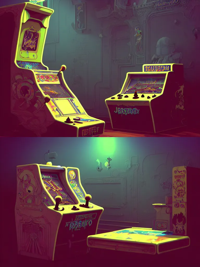 Image similar to retro arcade cabinet, moody, fluffy, ::alejandro jodorowsky, studio ghibli, beeple and James Gilleard and Justin Gerard :: ornate, dynamic, particulate, intricate, elegant, highly detailed, centered, artstation, smooth, sharp focus, octane render, 3d