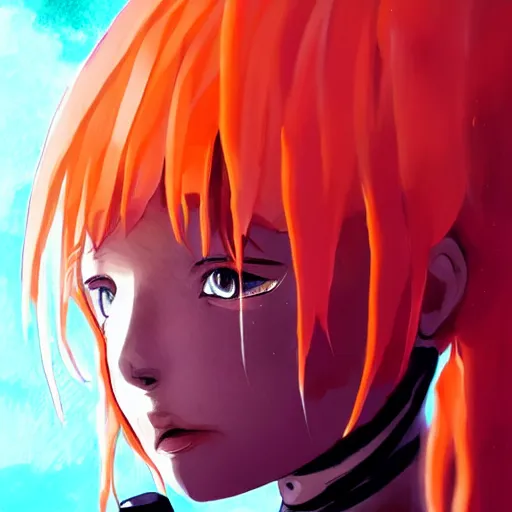 Prompt: detailed portrait of a young mysterious astronaut girl, murata range, vibrant, red orange black and white color scheme ((nebula background)),loish, nier, range murata, concept art