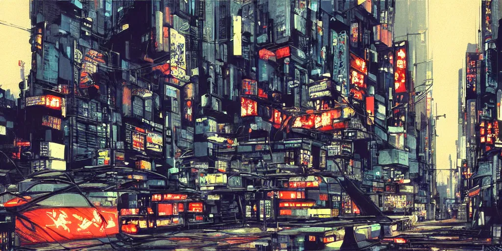 Image similar to painting, yoji shinakawa, studio gainax, neo-noir cyberpunk city, dynamic perspective, wires, street