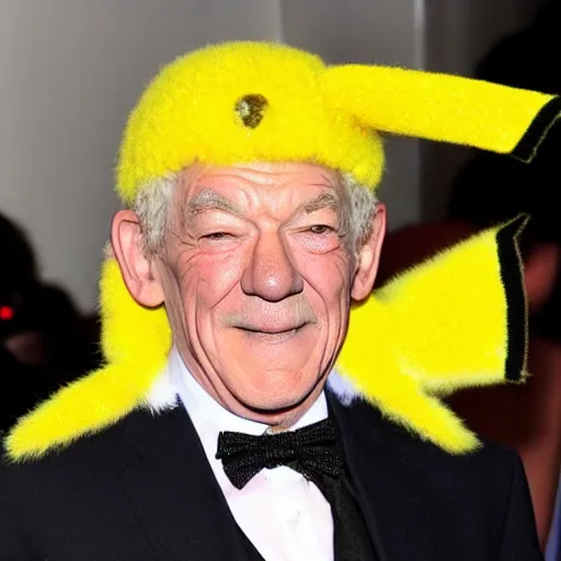 Prompt: ian mckellen dressed up as pikachu, photo dream