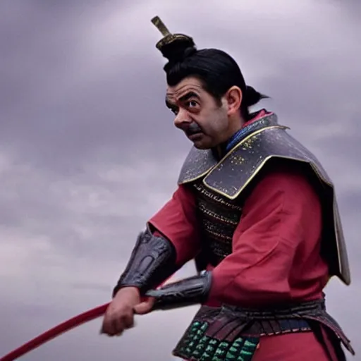 Prompt: an film still of rowan atkinson as samurai, cinematic, dramatic action
