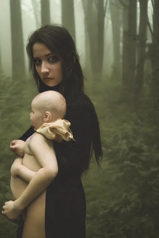 Image similar to a cinematic photo of a young woman with dark hair holds a baby in a dark, foggy forest, closeup, masterpiece