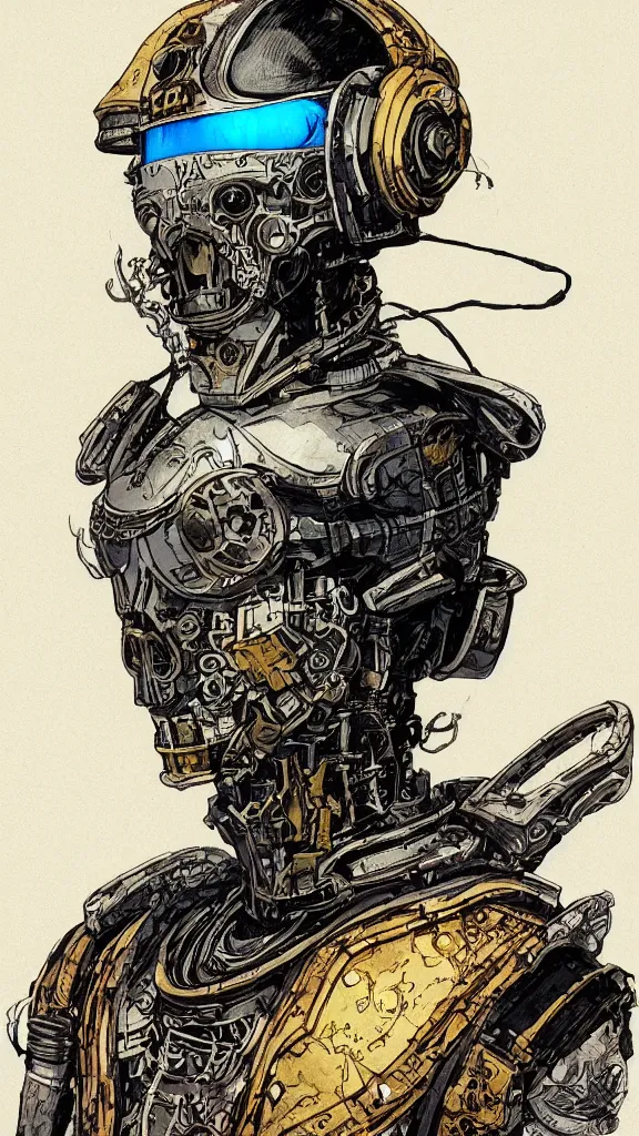 Image similar to portrait of a dead cyberpunk space pirate in concept armor with golden cyborg skull in a futuristic prototype oxygen intake helmet by Abigail Larson + Alan Lee + Audrey Kawasaki + Giovanni-Piranesi + Winsor-McCay + Howard-Pyle, headshot, 8k vhs glitch, cinematic, sharp focus, smooth, sense of awe