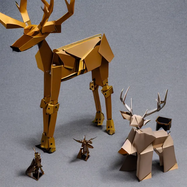 Image similar to a photograph of a deer origami and a robot mecha origami on top of a wooden table