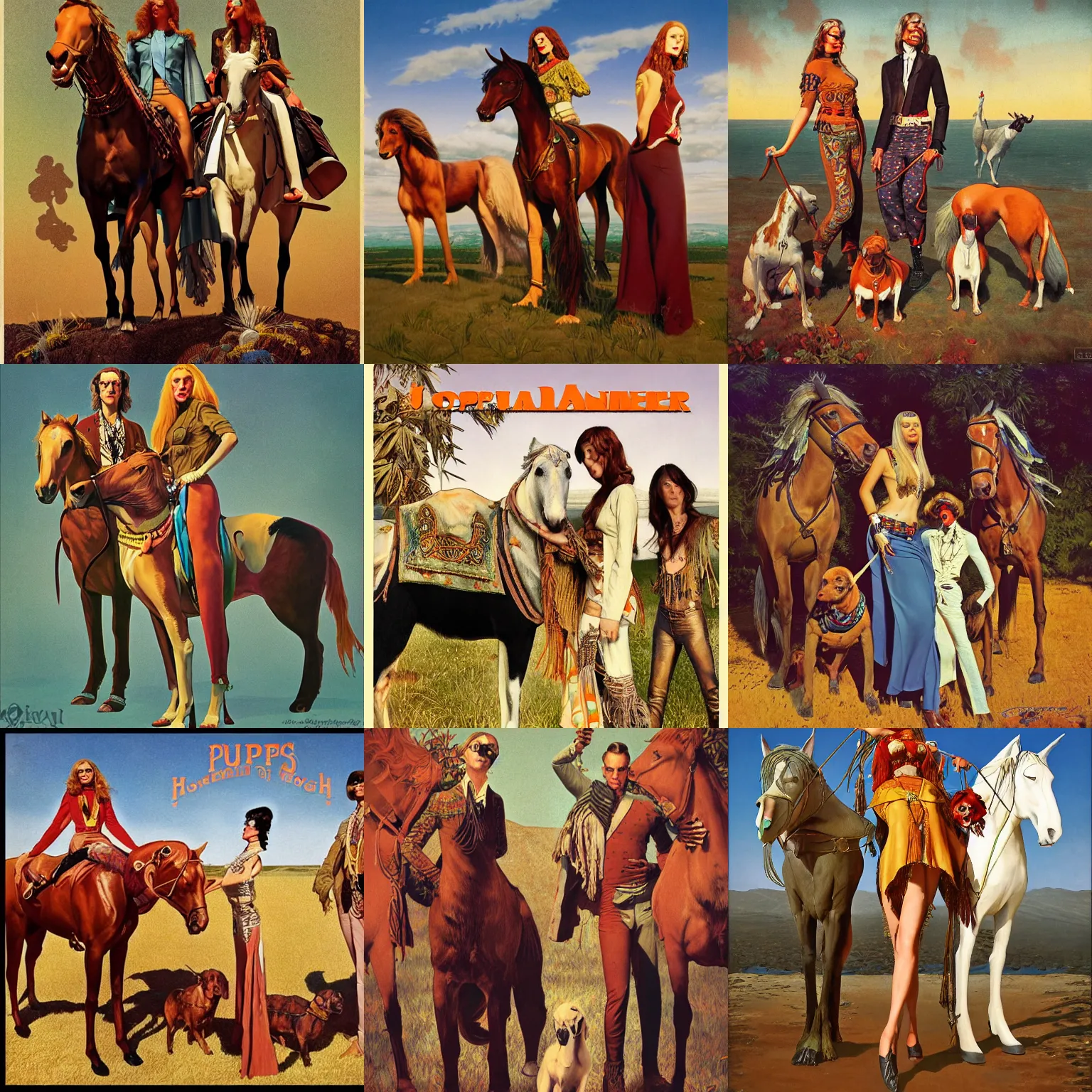 Image similar to pulp art, artwork by Joseph Leyendecker and Robert McGinnis and Alfred Henry Maurer, 3d octane blender render, Hippie and boho fashion 1970s, horses, dogs, birds, progressive rock album cover