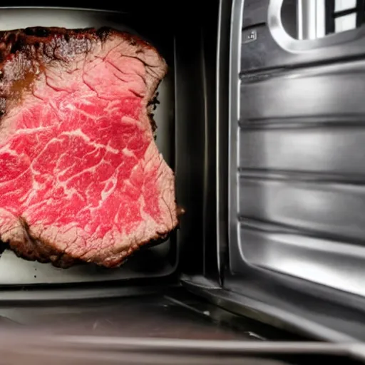 Image similar to Steak being cooking in a microwave, viewed through the closed microwave window, cursed