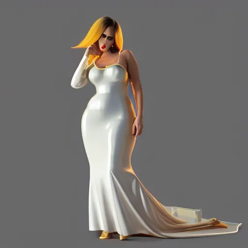 Prompt: curvy feminine hot goth cutie in a sublime elegant polished white latex neck-high gown with golden trim and latex leggings, thin waist, cgsociety, photorealistic, comfy ambience, idealistic, 16k, smooth, sharp focus, trending on ArtStation, volumetric lighting, fully clothed, worksafe