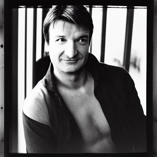 Image similar to photo of Nathan Fillion by Diane Arbus, black and white, high contrast, Rolleiflex, 55mm f/4 lens