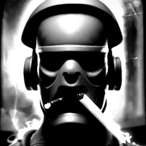 Prompt: black and white photo, cyberpunk rock golem as a soldier smoking a cigarette, still from the movie predator, still from the movie starship troopers, fog, dramatic lighting, cinematic, 4 k, full body shot, spotlight from above, rim lighting, full body photograph, sharp, cyberpunk, bladerunner, extreme detail, light rain, trending on artstation, spot light