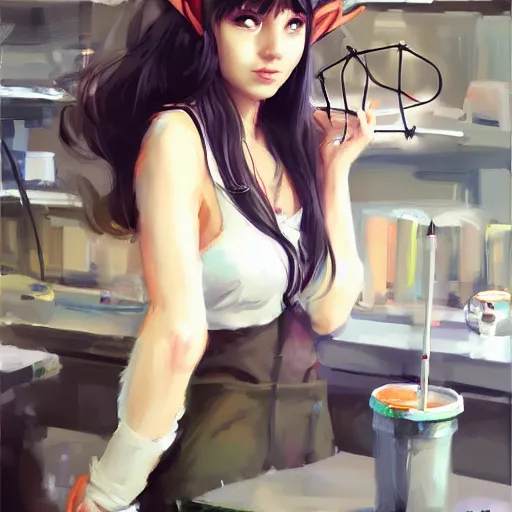 Prompt: girl with cat ears in a biology lab, by WLOP, by Artgerm, by Michael Garmash, by Rob Rey, digital art, trending on artstation, beautiful lightning, atmospheric, fantasy