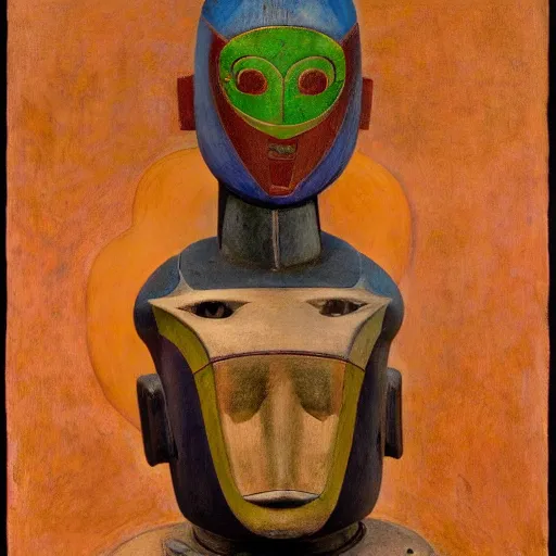 Image similar to the robot child wearing her bird mask, by annie swynnerton and diego rivera and elihu vedder and lucien freud, symbolist, dramatic lighting, elaborate geometric ornament, head and shoulders view, art brut, soft cool colors, smooth, sharp focus, extremely detailed, adolf wolfli, leo and diane dillon, nicholas roerich