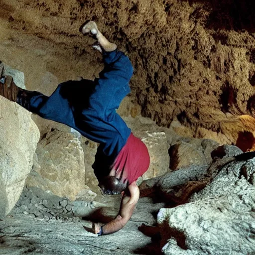 Prompt: a breakdancing Neanderthal in a cave lit by a small fire. Photograph from nature film.