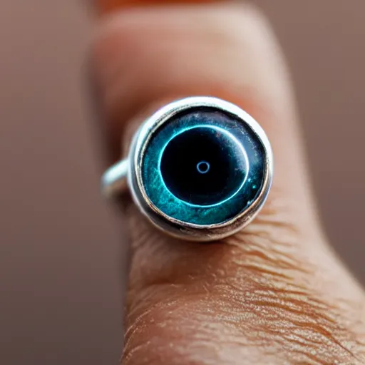 Prompt: a silver ring with an eye gemstone, macro photography