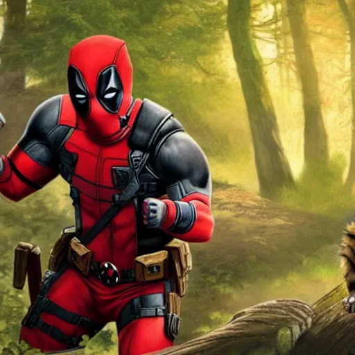 Image similar to deadpool and rocket raccoon in the woods digital art 4 k detailed