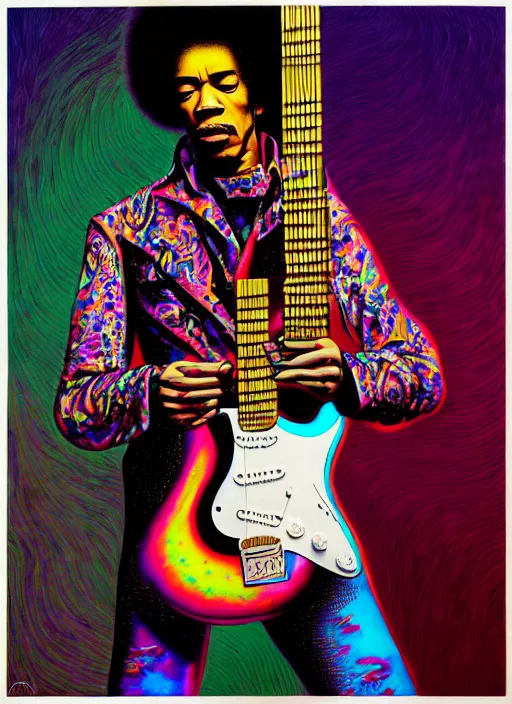 Image similar to hyper detailed 3d render like a Oil painting - Jimi Hendrix aerochrome and milky Fruit holding a white stratocaster guitar in his left hand, iridescent paisley patterns by Jacek Yerka, Ilya Kuvshinov, Mariusz Lewandowski, Houdini algorithmic generative render, Abstract brush strokes, Masterpiece, Edward Hopper and James Gilleard, Zdzislaw Beksinski, Mark Ryden, Wolfgang Lettl, hints of Yayoi Kasuma, octane render, 8k