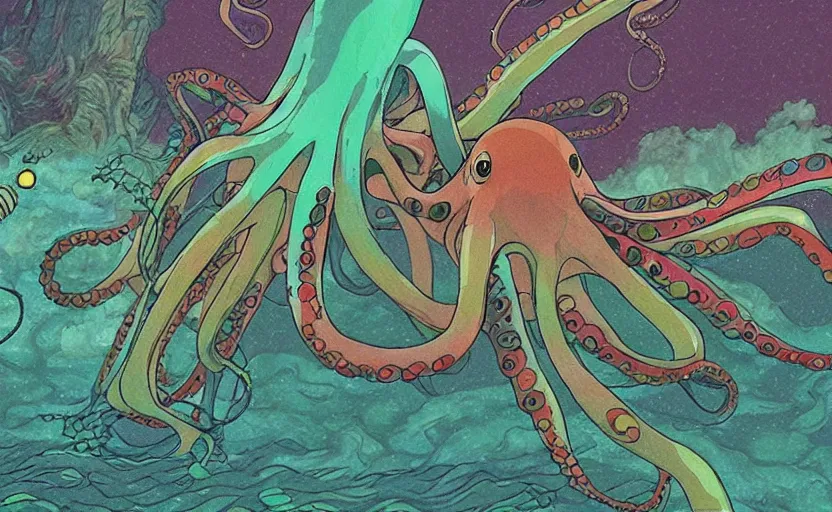 Image similar to a realistic cell - shaded studio ghibli concept art from paprika ( 2 0 0 6 ) of a flying intelligent multi - colored octopus from close encounters of the third kind ( 1 9 7 7 ) and a dimensional portal to another world in a flooded forest valley on a misty starry night. very dull colors, wide shot, hd, 4 k, hq