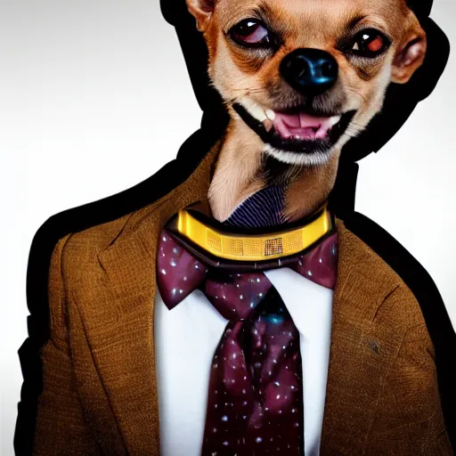 Prompt: professional portrait photo of a humanoid, with robotic parts on his face, honey color chihuahua dog, digital - art woman with a suit super hero