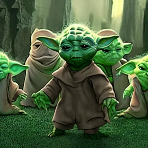 Image similar to Yoda surrounded by other members of his species