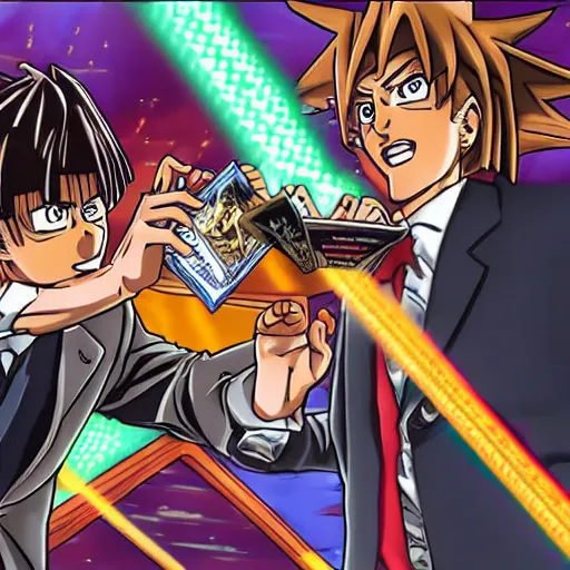 Prompt: Saul Goodman duels Yugi Moto, Yu-Gi-Oh, anime, highly detailed